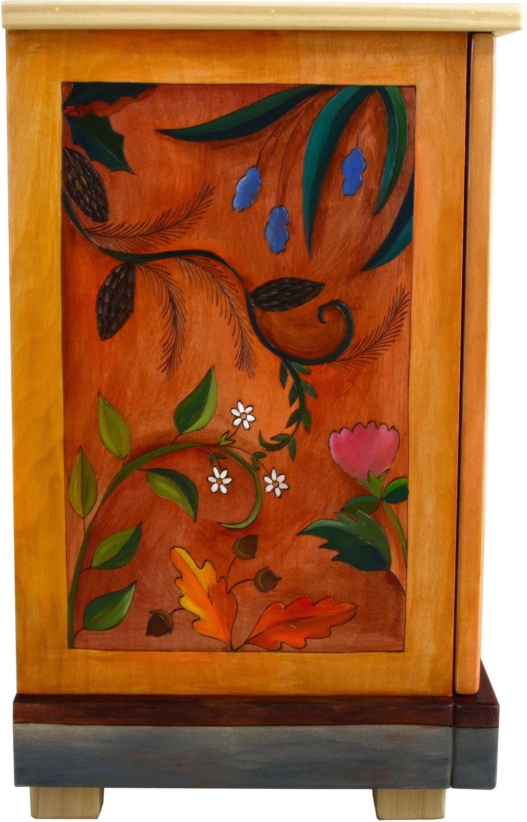 Medium Buffet –  Beautiful two door buffet featuring a lush landscape painting, sun and moon motif, and interior shelving left side view