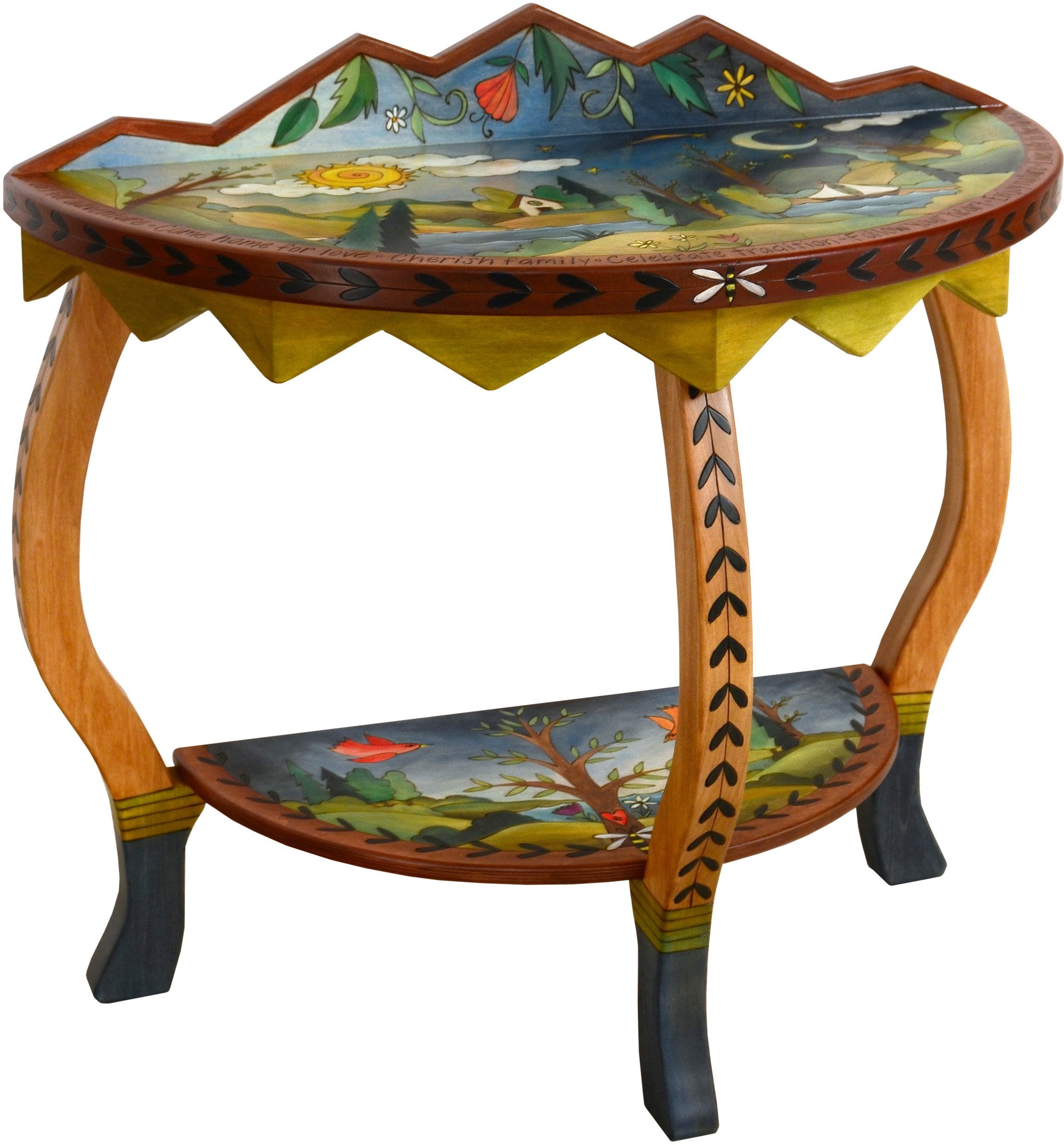 Small Half Round Table –  Beautiful half round table with rolling landscape, tree of life and sun and moon imagery