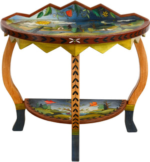 Small Half Round Table –  Beautiful half round table with rolling landscape, tree of life and sun and moon imagery