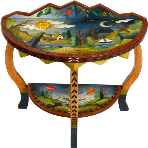 Small Half Round Table –  Beautiful half round table with rolling landscape, tree of life and sun and moon imagery