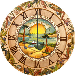 36" Round Wall Clock –  Beach and sailing themed wall clock featuring roman numerals, coral and shells