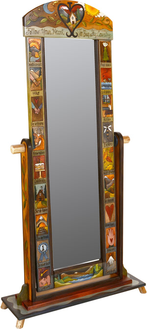 Wardrobe Mirror on Stand –  "Follow your Heart" mirror on stand with sun and moon over cozy home in heart motif