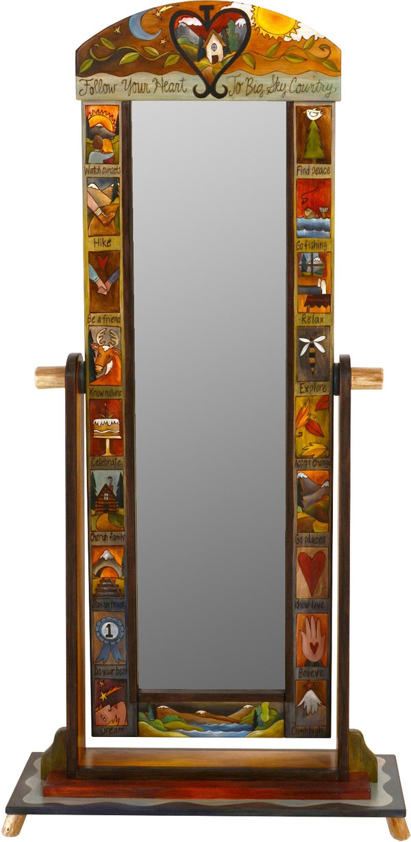 Wardrobe Mirror on Stand –  "Follow your Heart" mirror on stand with sun and moon over cozy home in heart motif