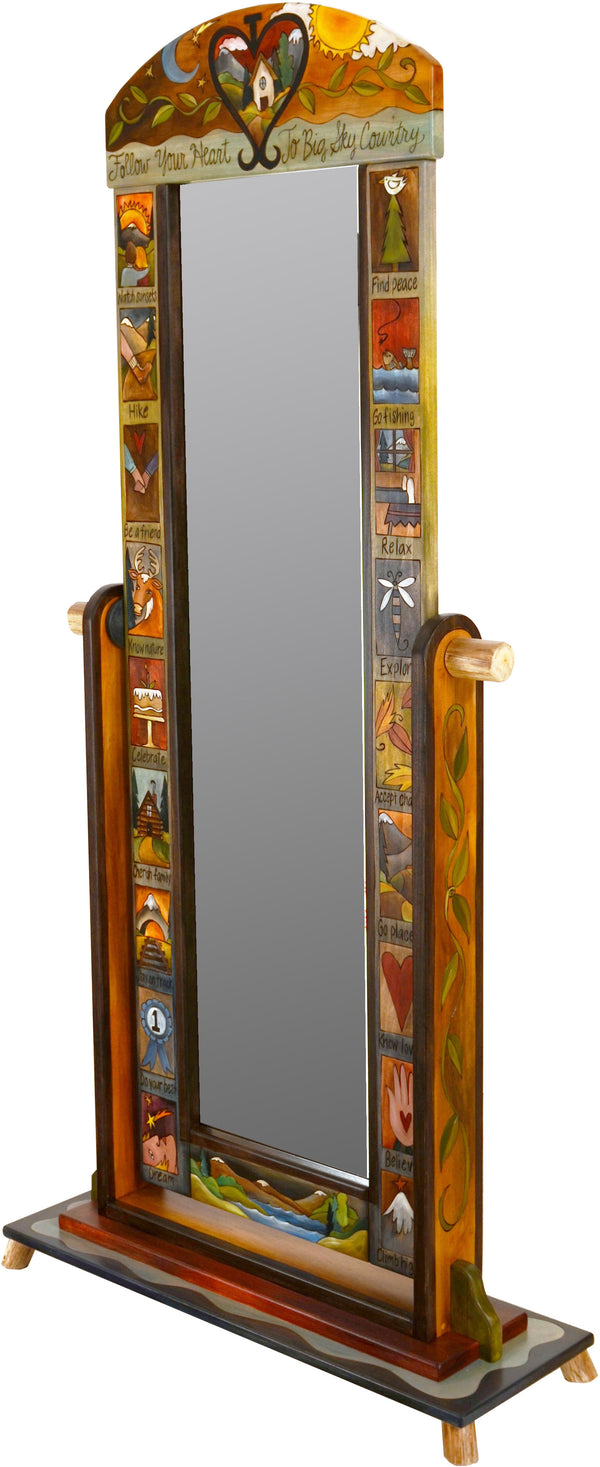 Wardrobe Mirror on Stand –  "Follow your Heart" mirror on stand with sun and moon over cozy home in heart motif