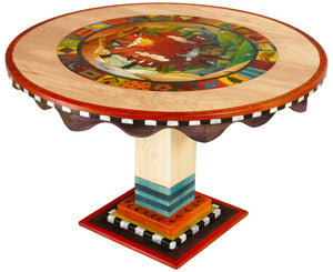Sticks handmade dining table with colorful folk art imagery and four seasons landscape
