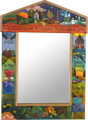 Medium Mirror –  "The Secret to Life is Enjoying the Passage of Time" mirror with sun and moon over scene of the changing seasons motif