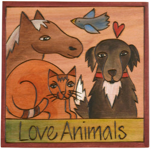 Sticks handmade wall plaque with "Love Animals" quote and theme