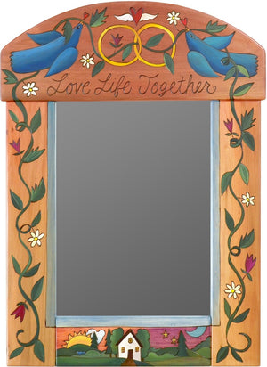 Medium Mirror –  "Love Life Together" mirror with love birds and rings motif