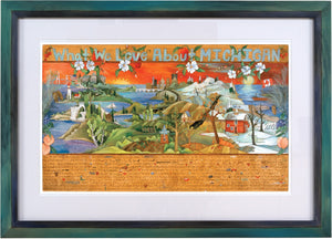 Framed WWLA Michigan Lithograph –  "What We Love About Michigan" litho print in a handcrafted Sticks frame