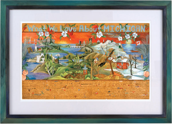 Framed WWLA Michigan Lithograph –  "What We Love About Michigan" litho print in a handcrafted Sticks frame