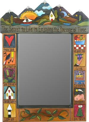 Medium Mirror –  "The Secret to Life is Enjoying the Passage of Time" mirror with sunset and sailboat on the lake motif