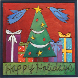 Sticks handmade wall plaque with "Happy Holidays" quote and Christmas tree and presents imagery