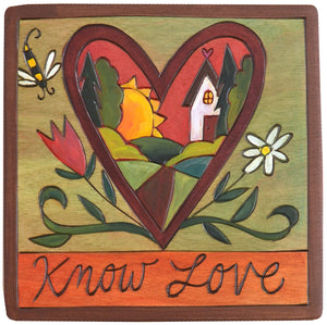 7"x7" Plaque –  "Know love" landscape within a heart with wings design