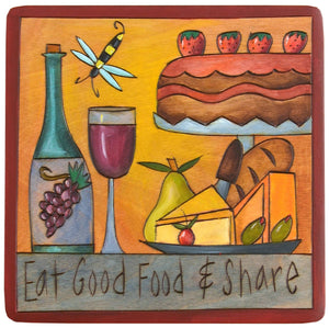 Sticks handmade wall plaque with "Eat Good Food & Share" quote and theme