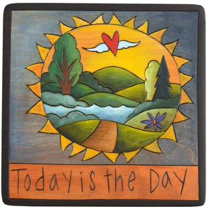 Sticks handmade wall plaque with "Today is the Day" quote and sunny landscape