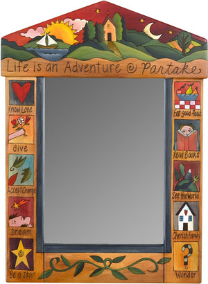 Medium Mirror –  "Life is an Adventure/Partake" mirror with sunset in a red sky over the lake motif