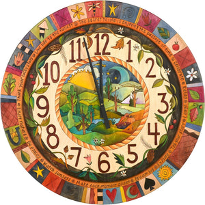 Sticks handmade 36"D wall clock with four seasons landscape and colorful life icons
