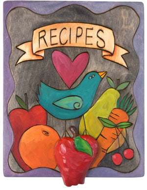 Recipe Box – Elegant "recipes" box with a sweet blue bird and various foods motif