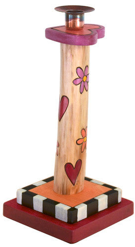 Single Candle Holder–  Heart and flower themed candle holder with black and white checks on the base