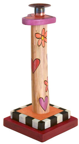 Single Candle Holder–  Heart and flower themed candle holder with black and white checks on the base