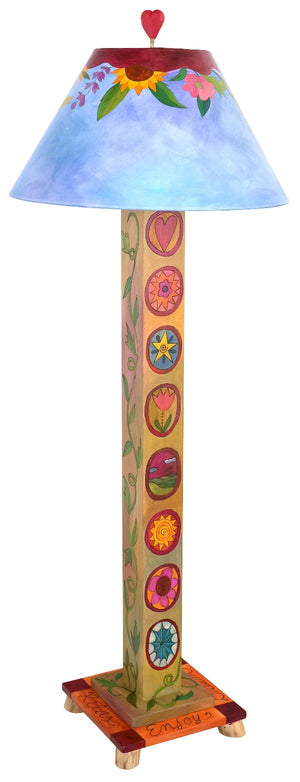 Box Floor Lamp – Pretty floral themed lamp with circled icons and vines up and down the lamp post back view