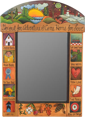 Medium Mirror –  "Go out for Adventure/Come Home for Love" mirror with sun and moon over scene of the changing seasons motif