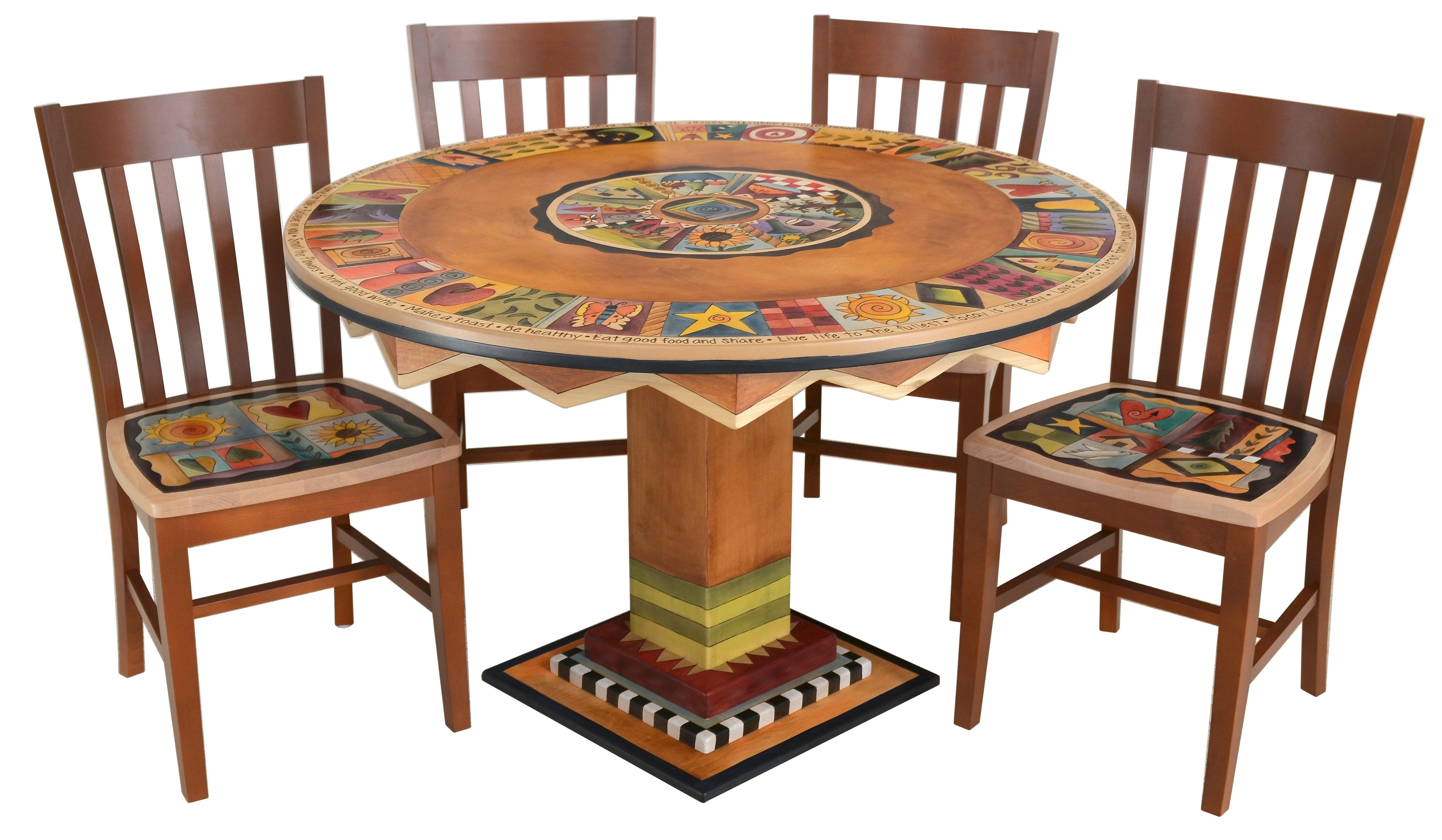 Sticks handmade dining table with colorful folk art imagery and matching chairs