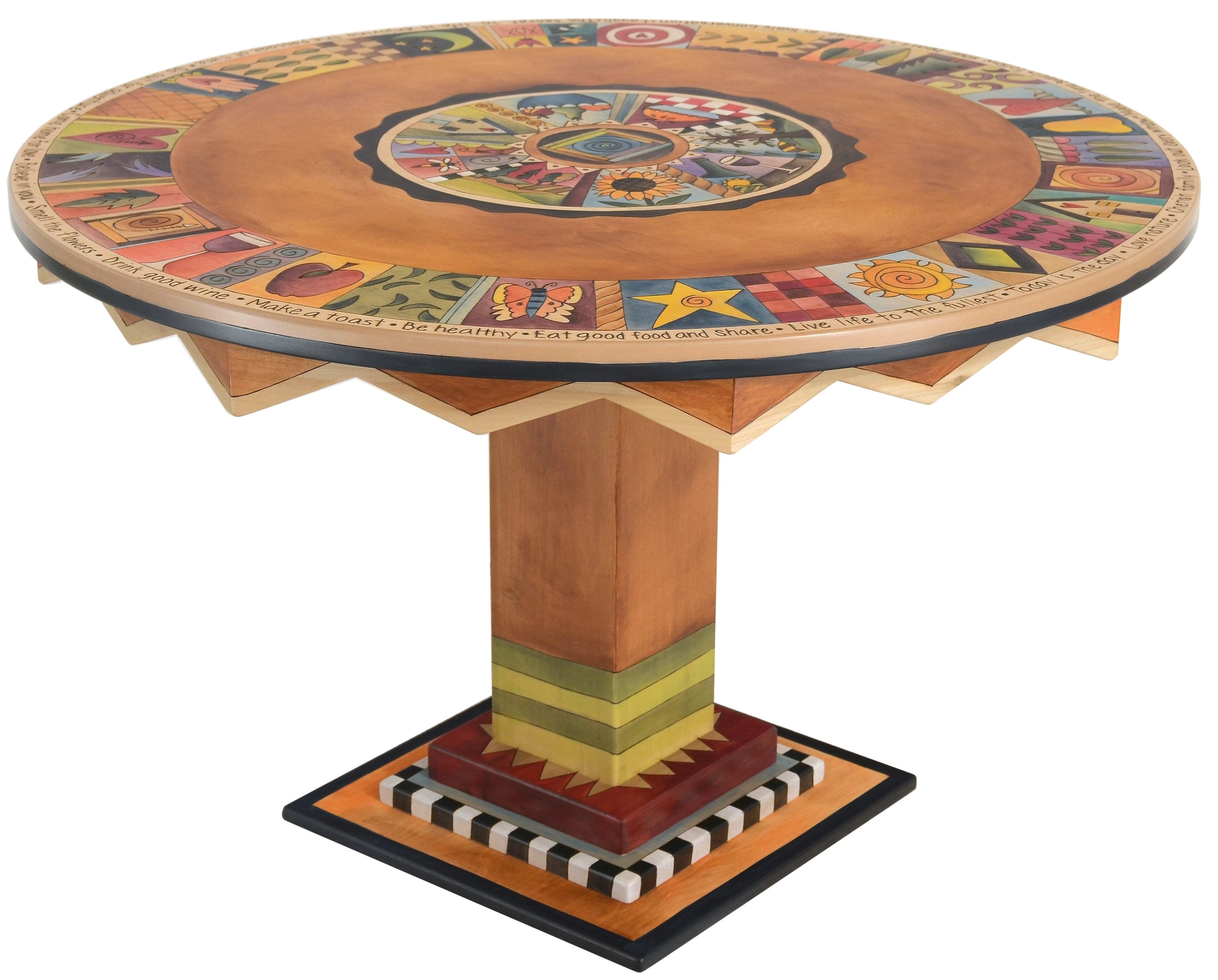 Sticks handmade dining table with colorful folk art imagery