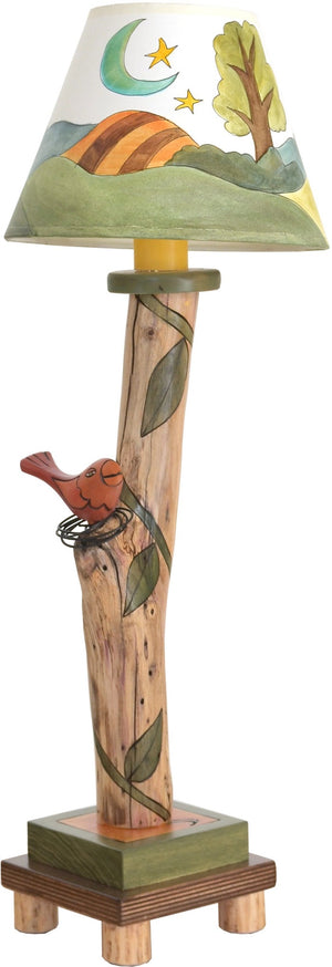 Log Candlestick Lamp –  Cute log lamp with a landscape motif and hand-sculpted bird