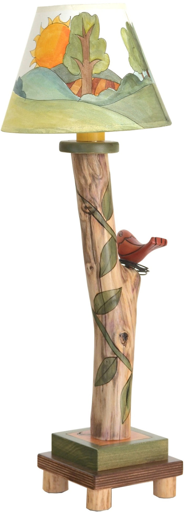 Log Candlestick Lamp –  Cute log lamp with a landscape motif and hand-sculpted bird