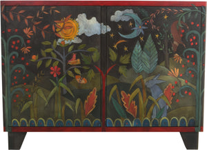 Media Buffet –  Beautiful folk art media cabinet with rolling landscapes and colorful symbols