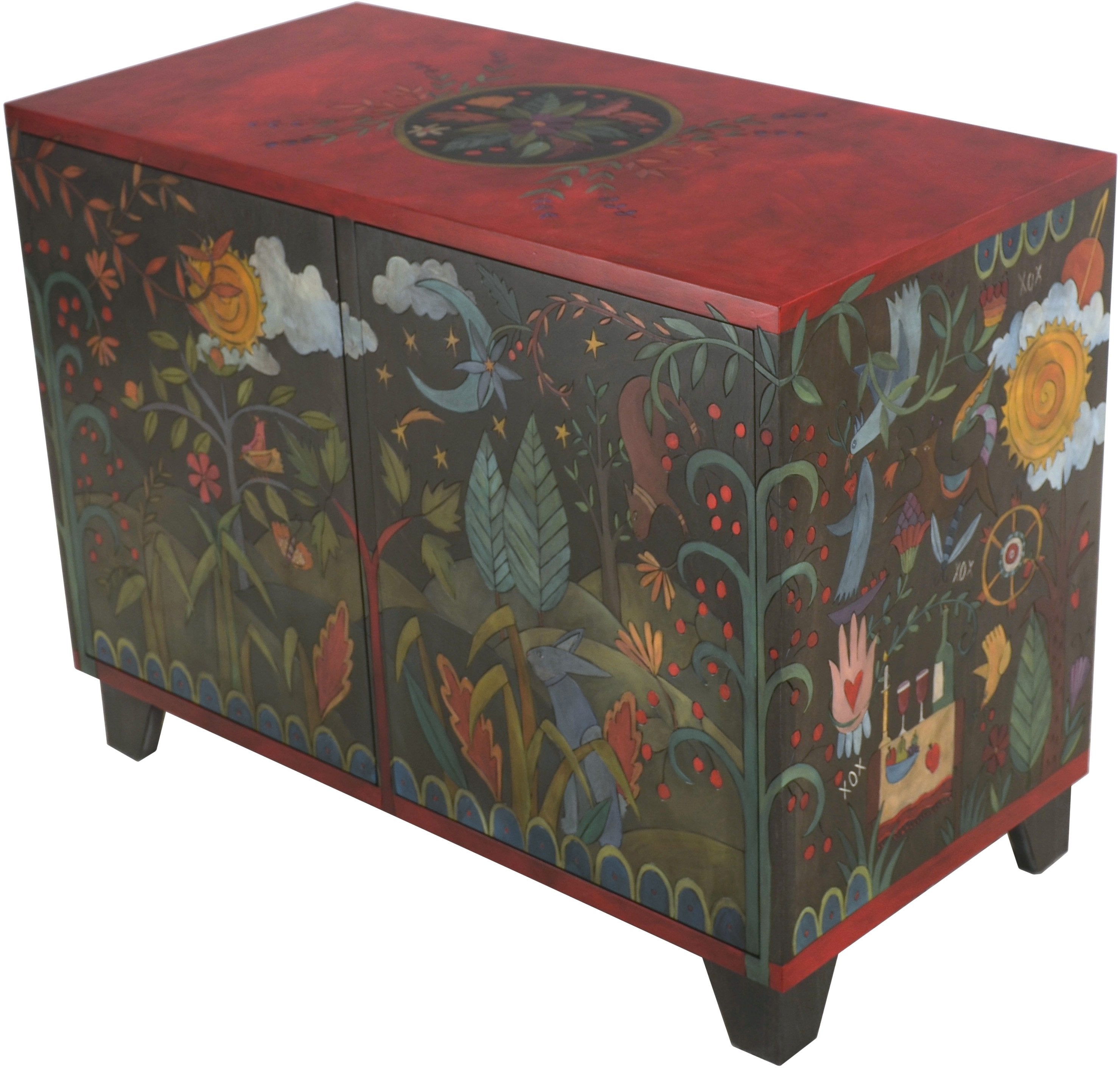 Media Buffet –  Beautiful folk art media cabinet with rolling landscapes and colorful symbols