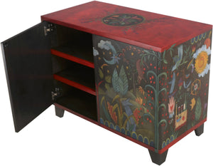 Media Buffet –  Beautiful folk art media cabinet with rolling landscapes and colorful symbols