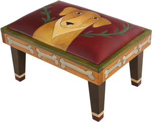 Ottoman –  Elegant hand painted leather ottoman with hand stitched dog and vines