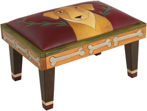 Ottoman –  Elegant hand painted leather ottoman with hand stitched dog and vines