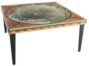 Square Dining Table –  "Go Out for Adventure/Come Home for Love" dining table with sun and moon over beautiful scene of the changing four seasons motif