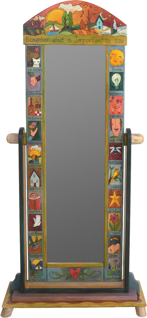 Wardrobe Mirror on Stand –  "Remember what is Important to you" mirror on stand with sun and moon over scenes of the changing seasons motif