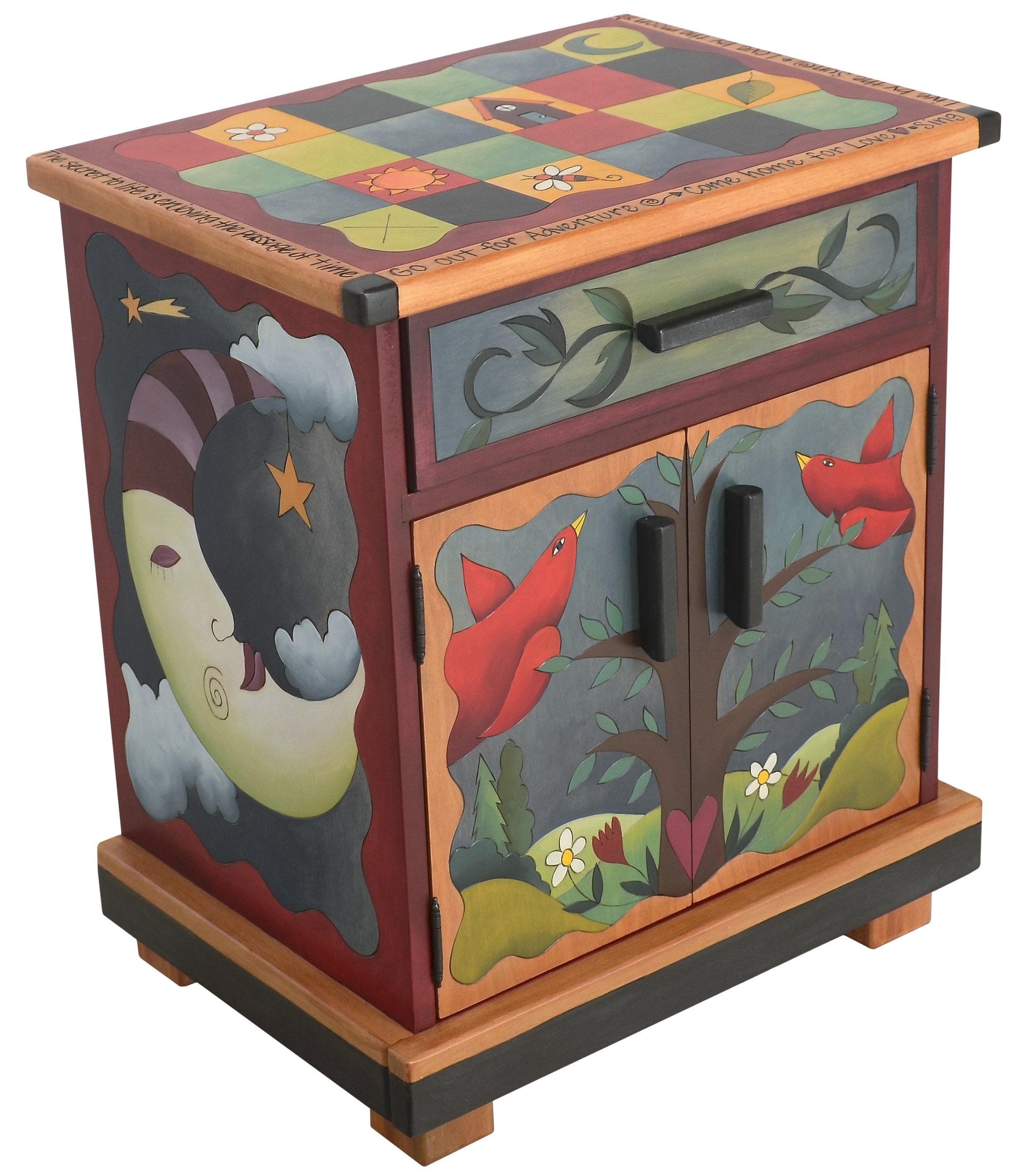 Nightstand Cabinet –  Lovely sun and moon themed nightstand with color block motif and tree of life