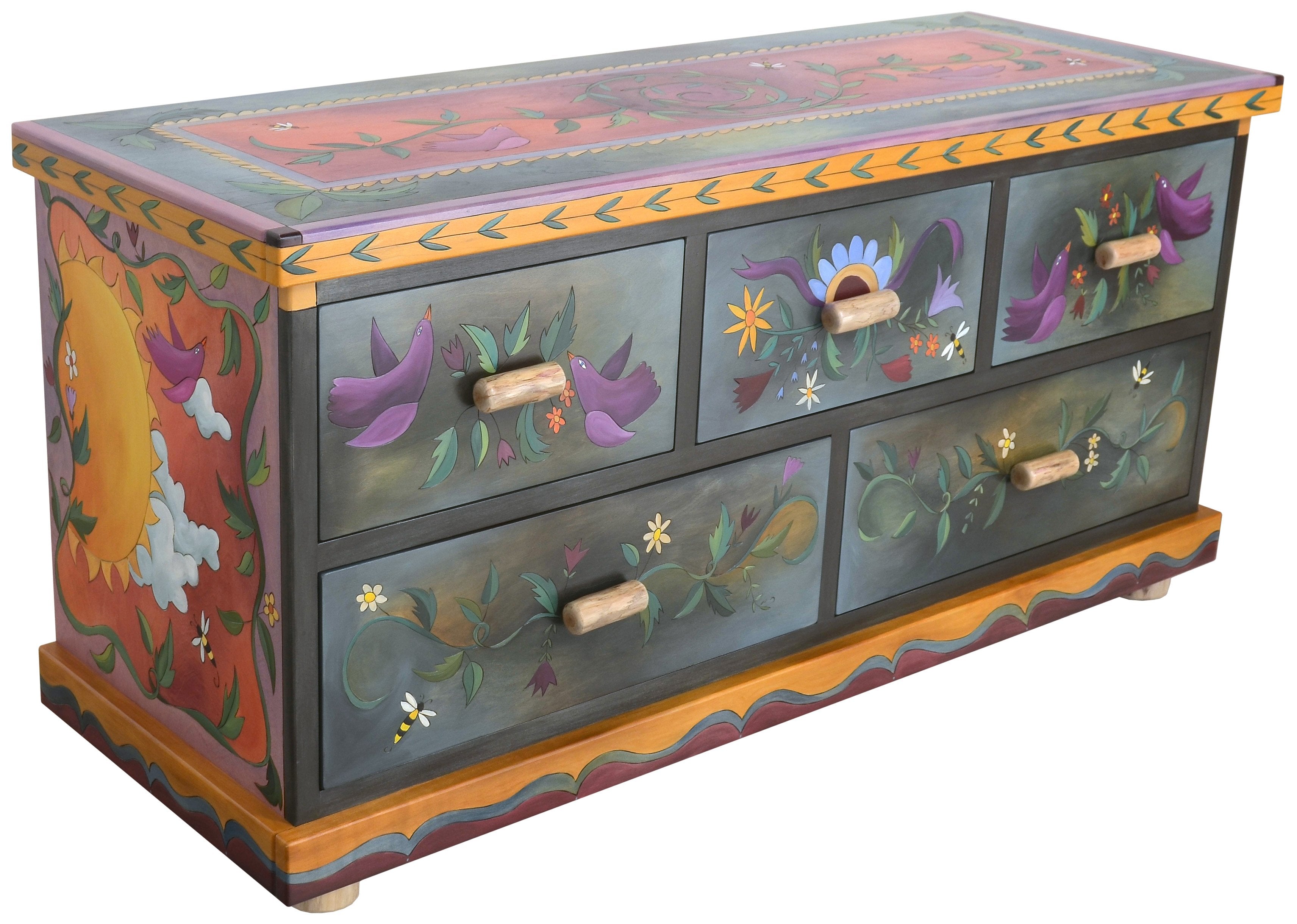 Large Dresser –  Dark dresser with bright sun and moon motif on sides