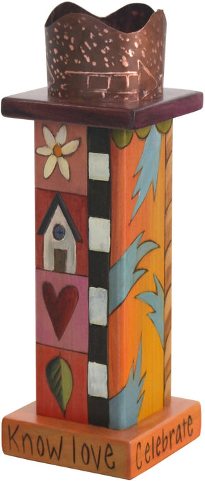Small Pillar Candle Holder –  Eclectic folk art candle holder with colorful block icon elements and unique stamped metal surround