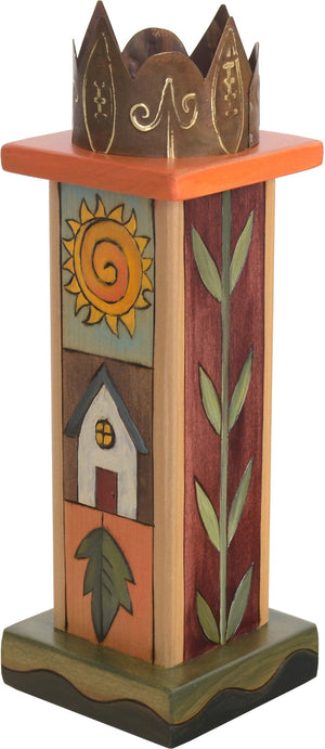 Small Pillar Candle Holder –  Lovely candle holder with colorful block icons and vine motifs