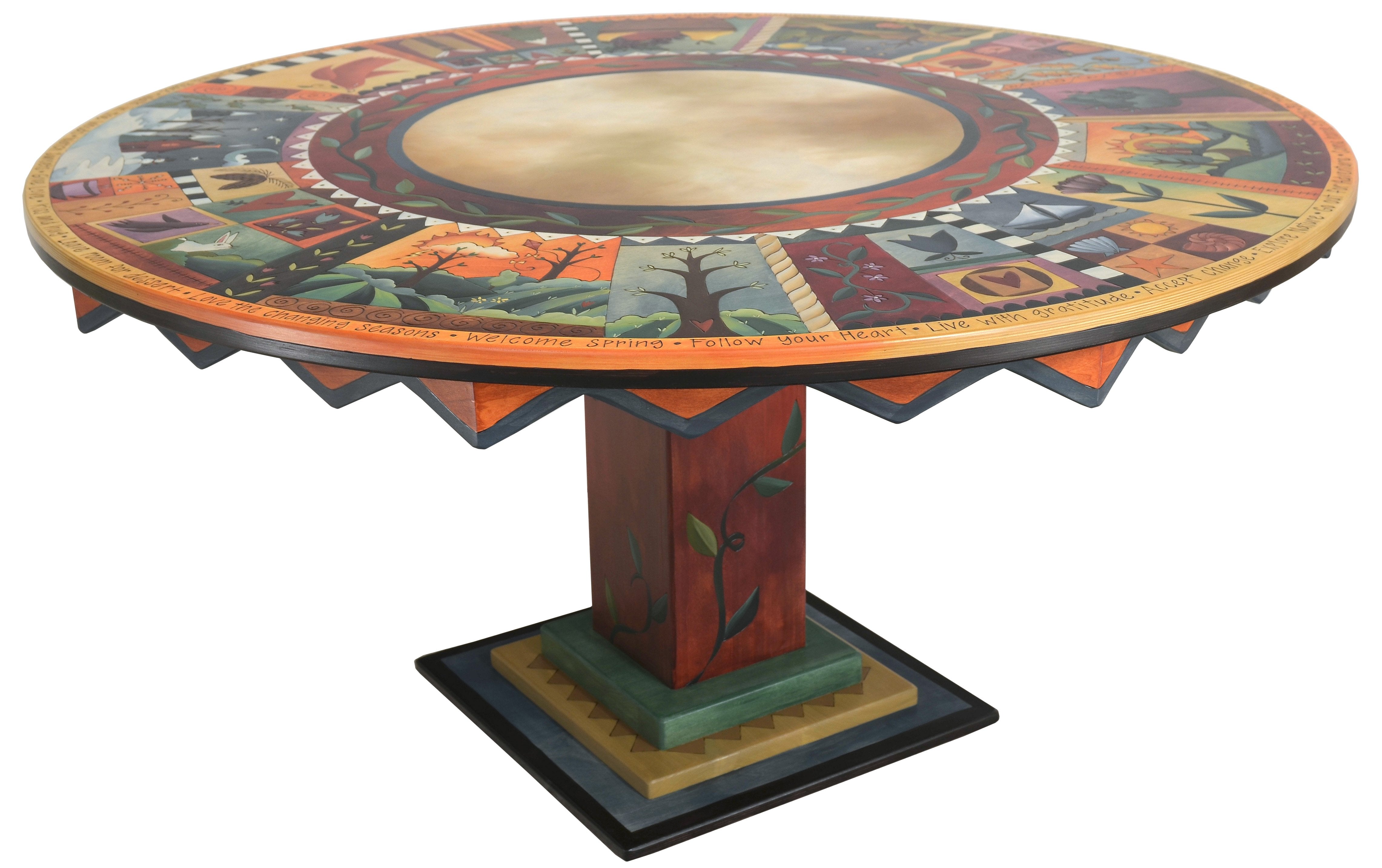 Sticks handmade dining table with colorful folk art imagery