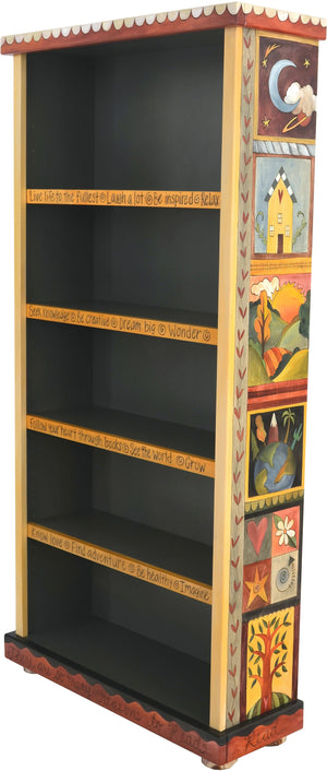 Tall Bookcase –  Lovely tall bookcase with colorful block icon motif and dark interior