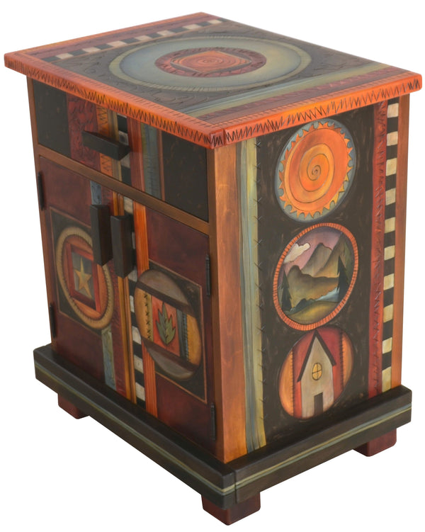 Nightstand Cabinet –  Elegant and dark toned nightstand with circular block icons and patterns