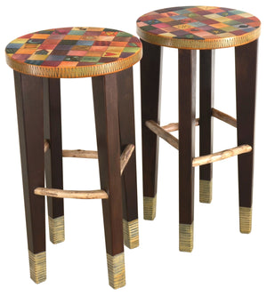 Round Stool Set –  Elegant and richly painted matching stools with colorful block patterning