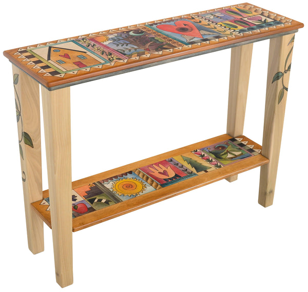 Sticks handmade sofa table with colorful folk art imagery