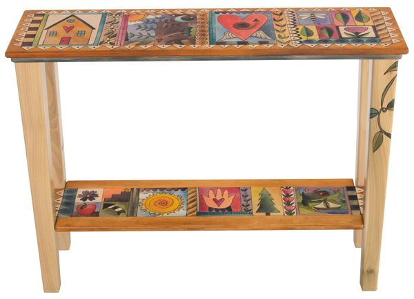 Sticks handmade sofa table with colorful folk art imagery