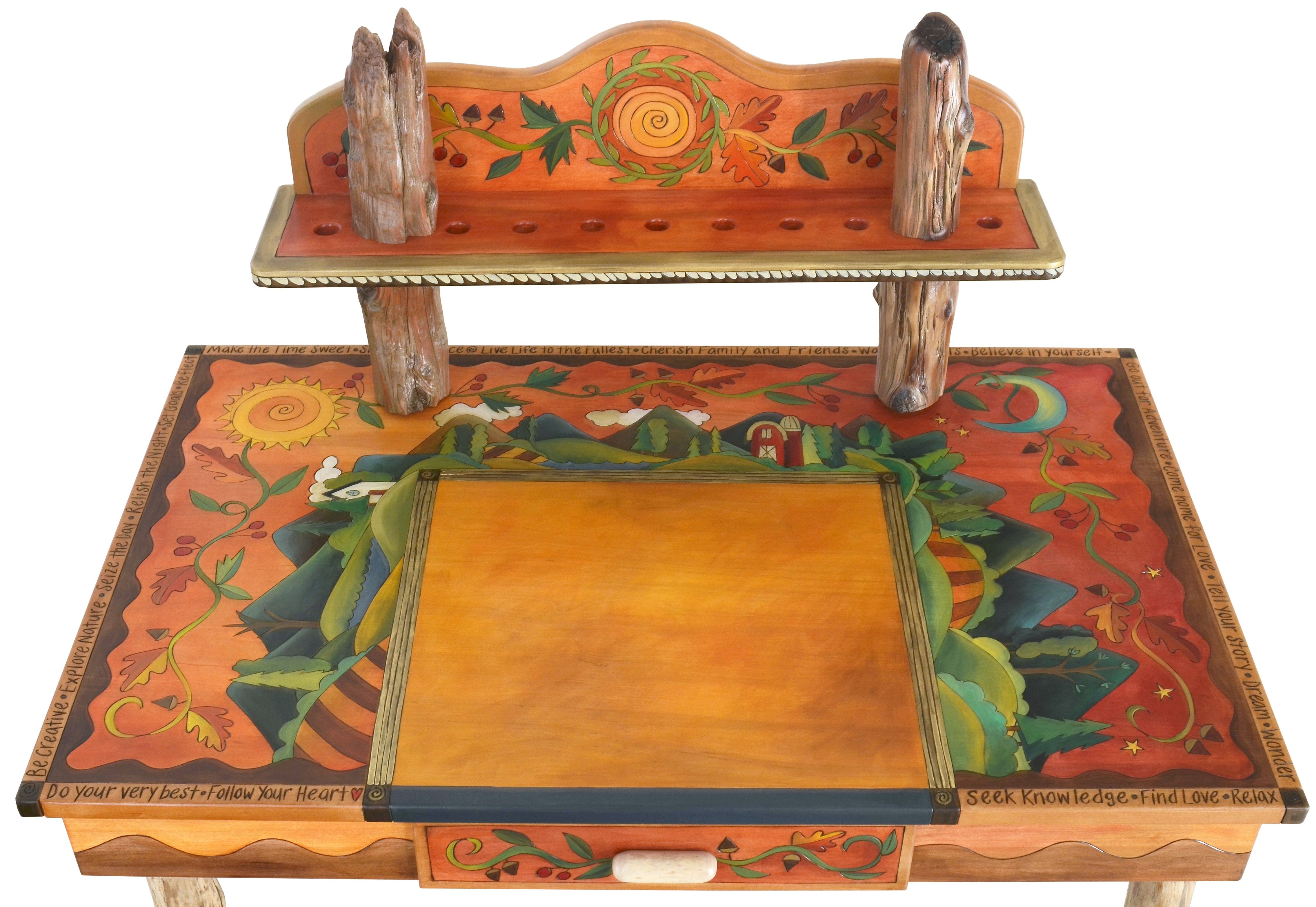 Desk with Shelf –  Beautiful and warm desk with mountain landscapes, sun and moon motif, and shelf