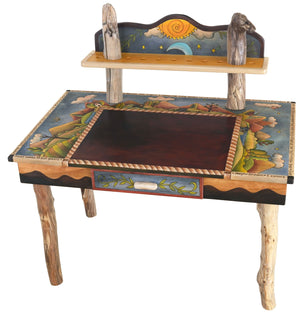 Desk with Shelf –  Playful mountain landscape desk with sun and moon motifs and shelf for books