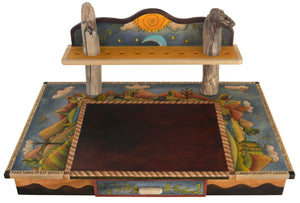 Desk with Shelf –  Playful mountain landscape desk with sun and moon motifs and shelf for books
